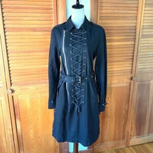Vintage Tripp NYC Punk Goth Y2K Black Zipper & Lacing Belted Trench Coat L